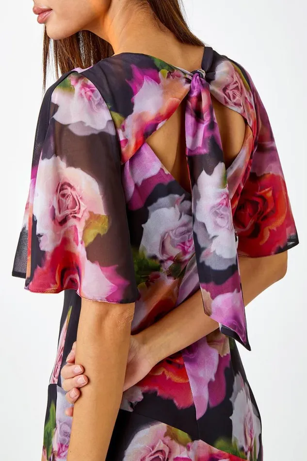 Black Floral Print Chiffon Tie Back Maxi Dress Women Roman Dresses