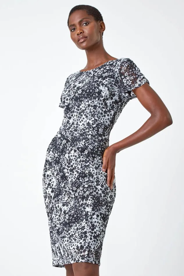 Black Floral Print Lace Stretch Ruched Dress Women Roman Dresses