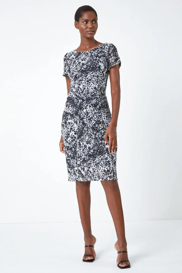 Black Floral Print Lace Stretch Ruched Dress Women Roman Dresses
