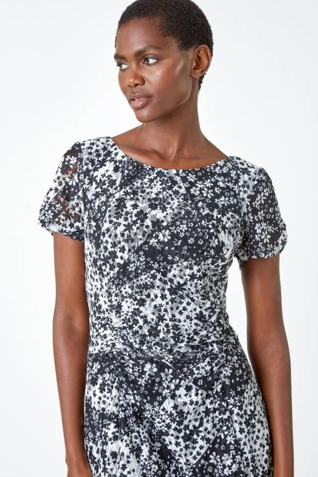 Black Floral Print Lace Stretch Ruched Dress Women Roman Dresses
