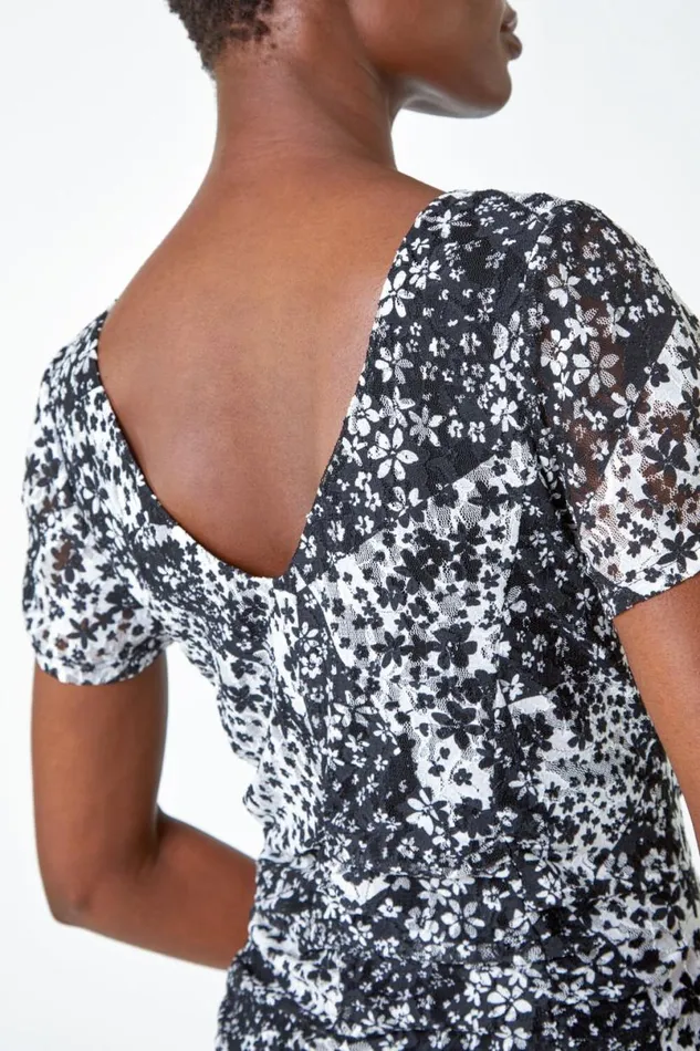 Black Floral Print Lace Stretch Ruched Dress Women Roman Dresses