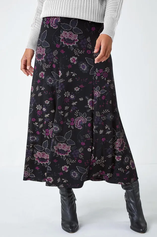 Black Floral Print Midi Elastic Waist Stretch Skirt Women Roman Skirts