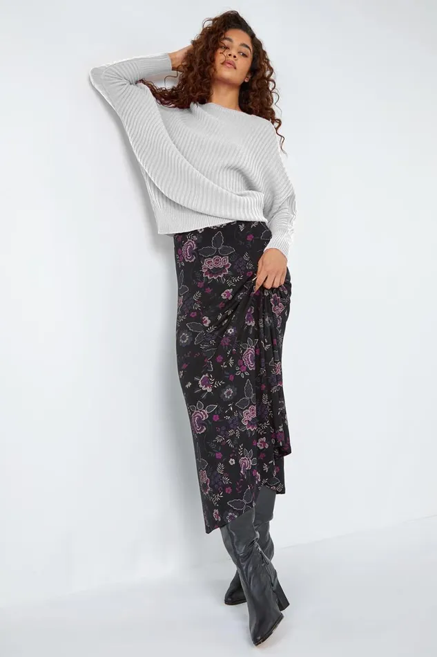 Black Floral Print Midi Elastic Waist Stretch Skirt Women Roman Skirts