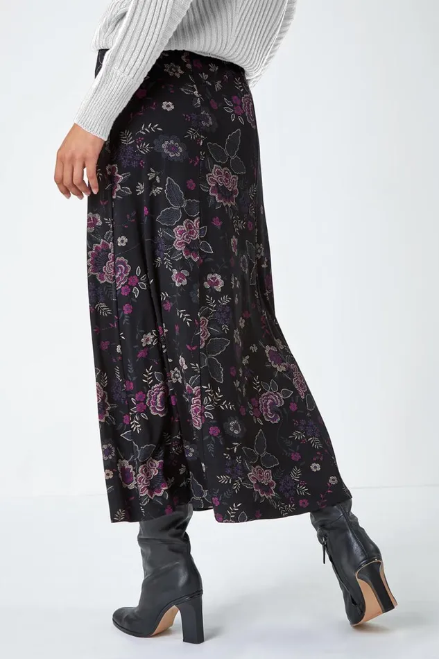 Black Floral Print Midi Elastic Waist Stretch Skirt Women Roman Skirts