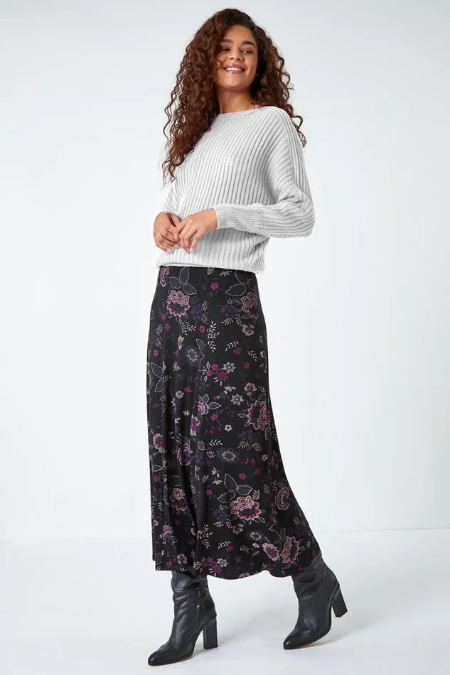 Black Floral Print Midi Elastic Waist Stretch Skirt Women Roman Skirts