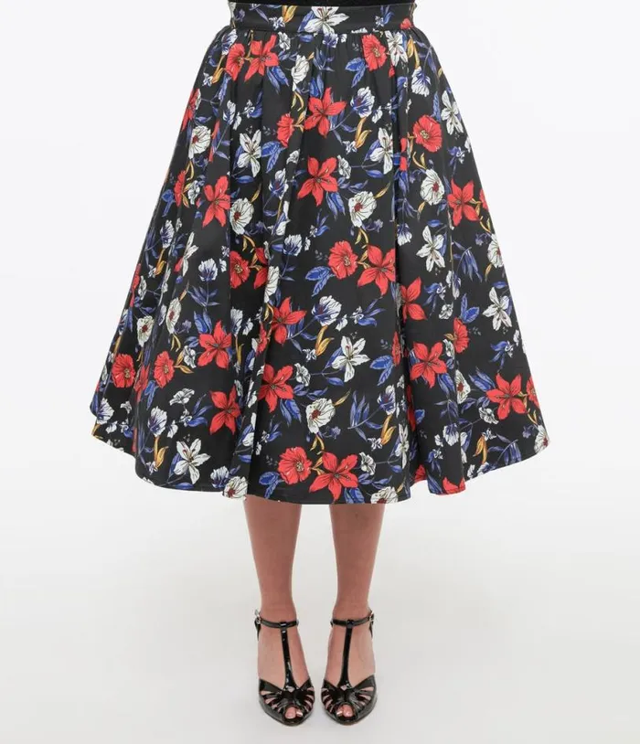 Black Floral Print Milly Swing Skirt ClothingPlus Unique Vintage Skirts