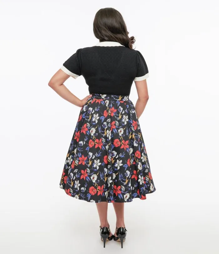 Black Floral Print Milly Swing Skirt ClothingPlus Unique Vintage Skirts