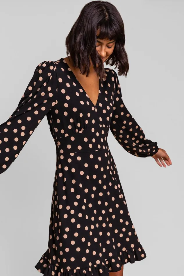 Black Frill Detail Spot Stretch Dress Women Roman Dresses