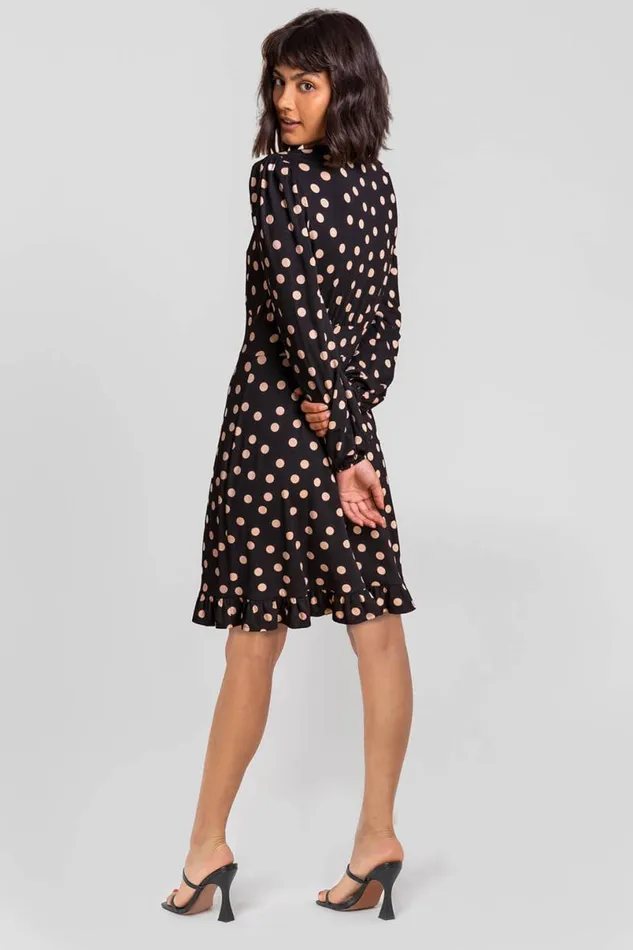 Black Frill Detail Spot Stretch Dress Women Roman Dresses
