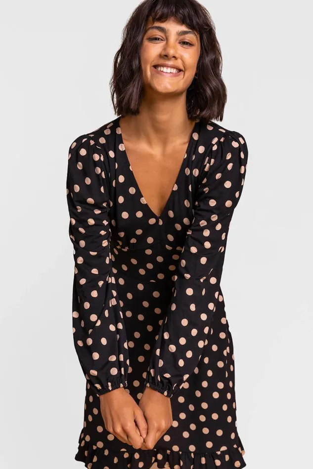 Black Frill Detail Spot Stretch Dress Women Roman Dresses