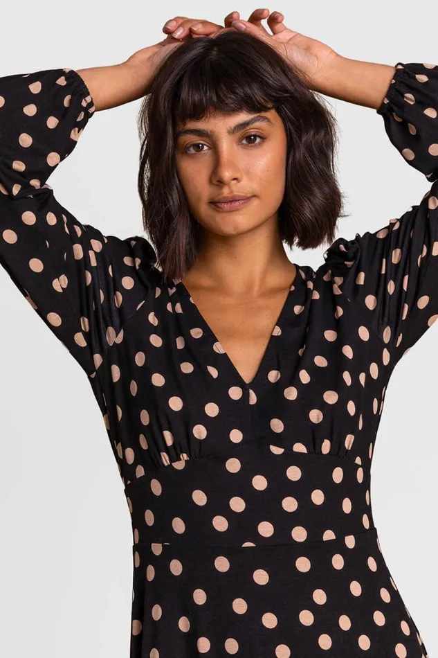 Black Frill Detail Spot Stretch Dress Women Roman Dresses