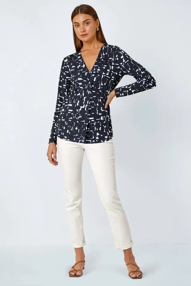 Black Geometric VNeck Pleat Detail Stretch Top Women Roman Tops