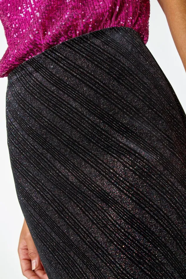 Black Glitter Velvet Elastic Waist Stretch Skirt Women Roman Occasionwear