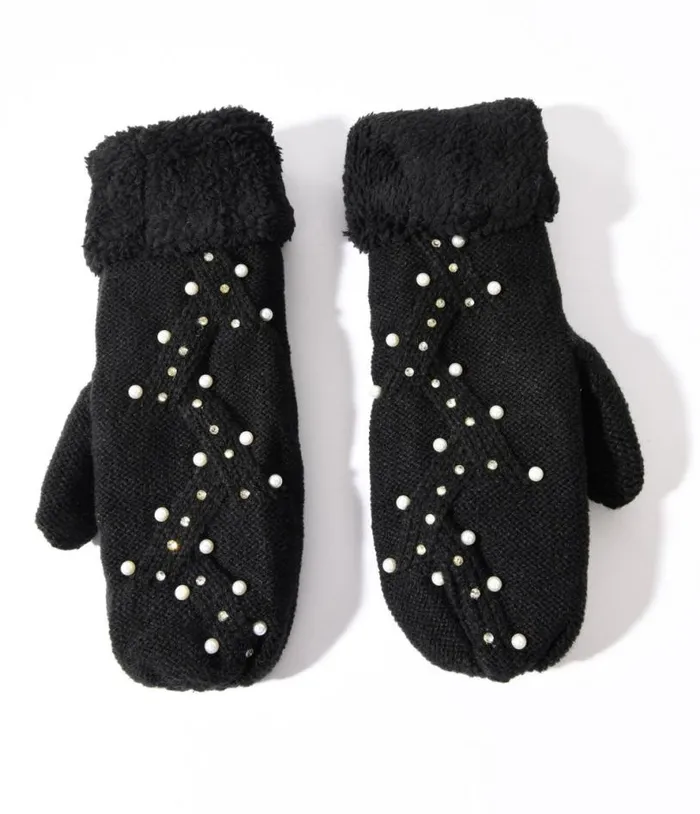 Black Knit Pearl and Rhinestone Mittens Accessories Unique Vintage Gloves and Scarves
