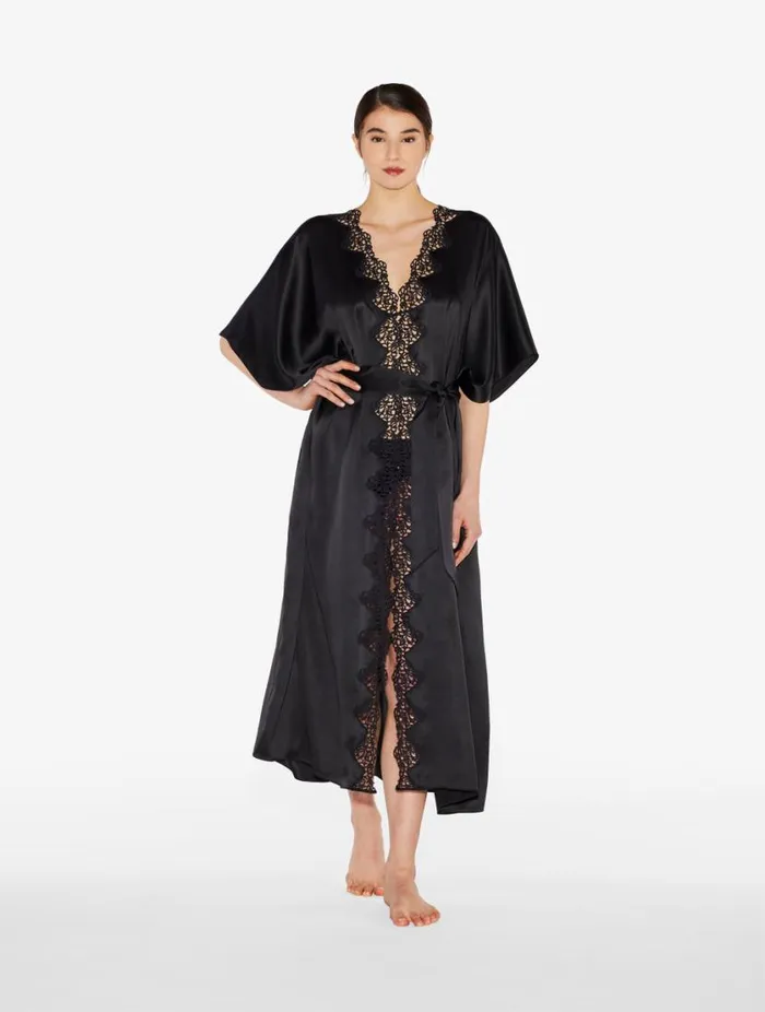 Black Long Silk Robe With Macram Sleepwear La Perla Robes