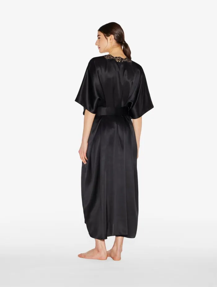 Black Long Silk Robe With Macram Sleepwear La Perla Robes