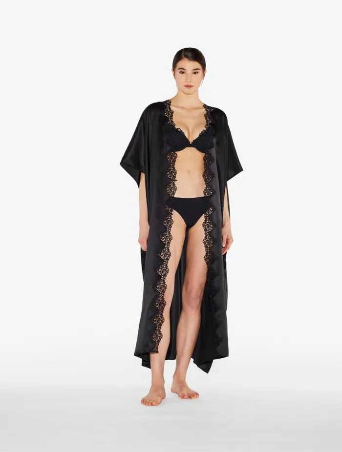 Black Long Silk Robe With Macram Sleepwear La Perla Robes