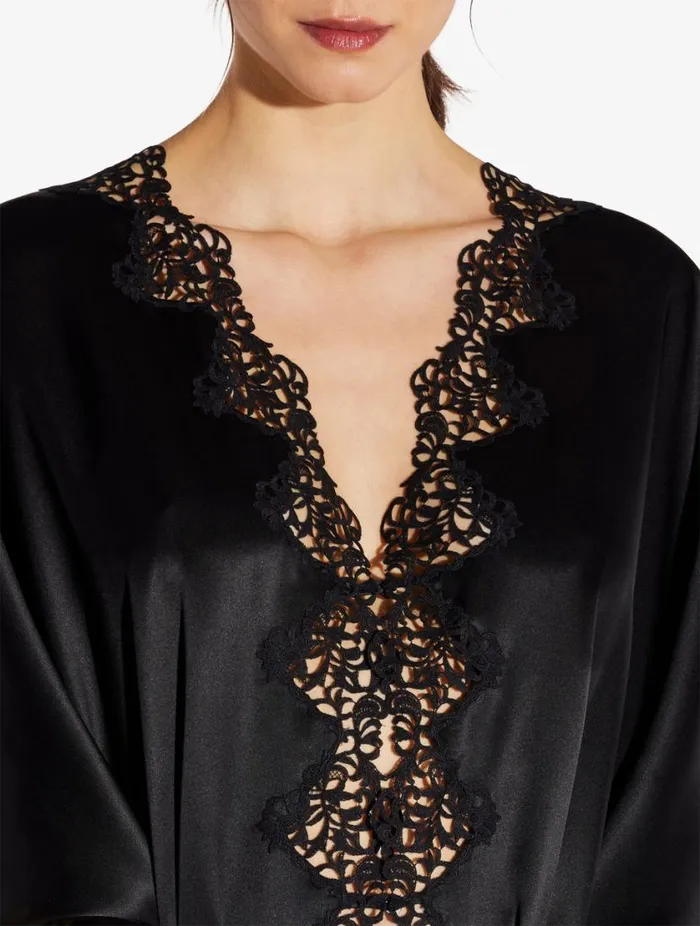 Black Long Silk Robe With Macram Sleepwear La Perla Robes