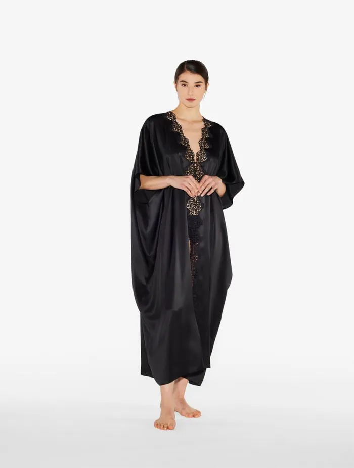 Black Long Silk Robe With Macram Sleepwear La Perla Robes