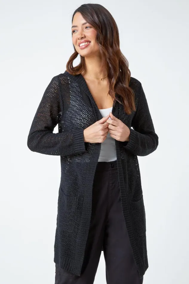 Black Longline Hooded Cardigan Women Roman Knitwear