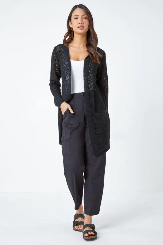 Black Longline Hooded Cardigan Women Roman Knitwear