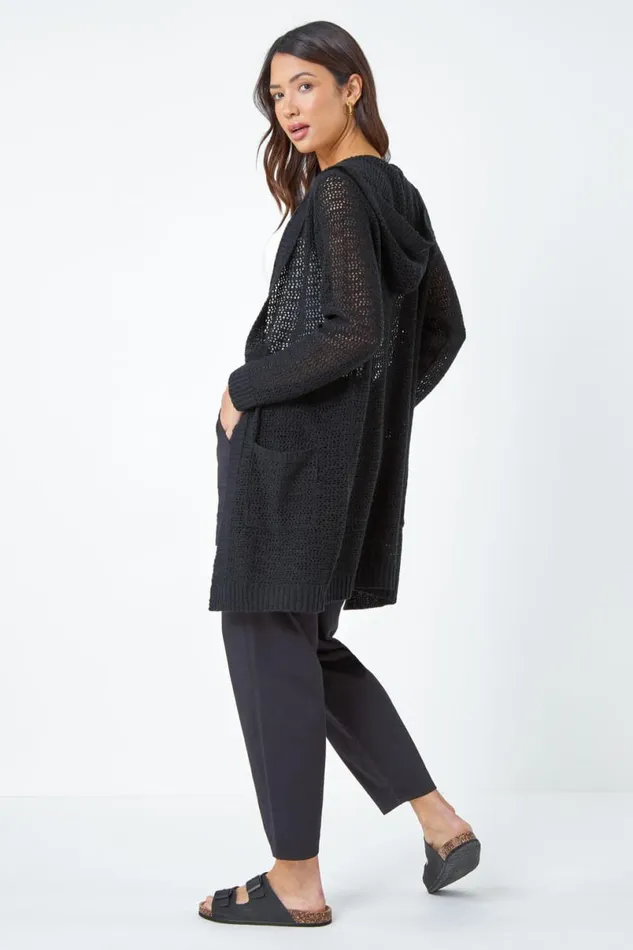 Black Longline Hooded Cardigan Women Roman Knitwear