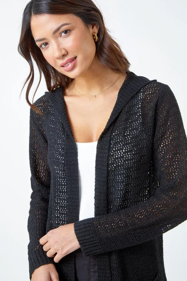 Black Longline Hooded Cardigan Women Roman Knitwear