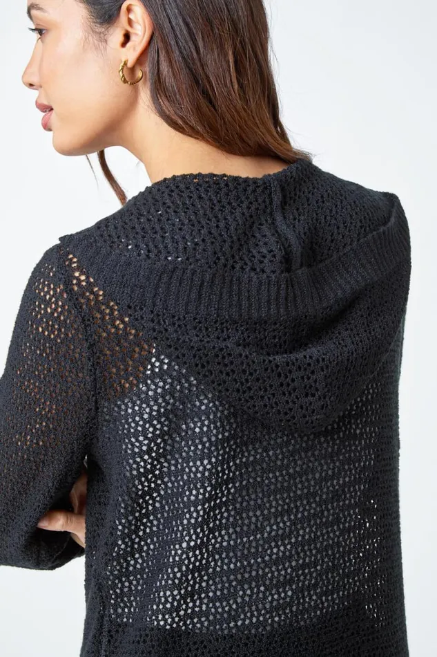 Black Longline Hooded Cardigan Women Roman Knitwear