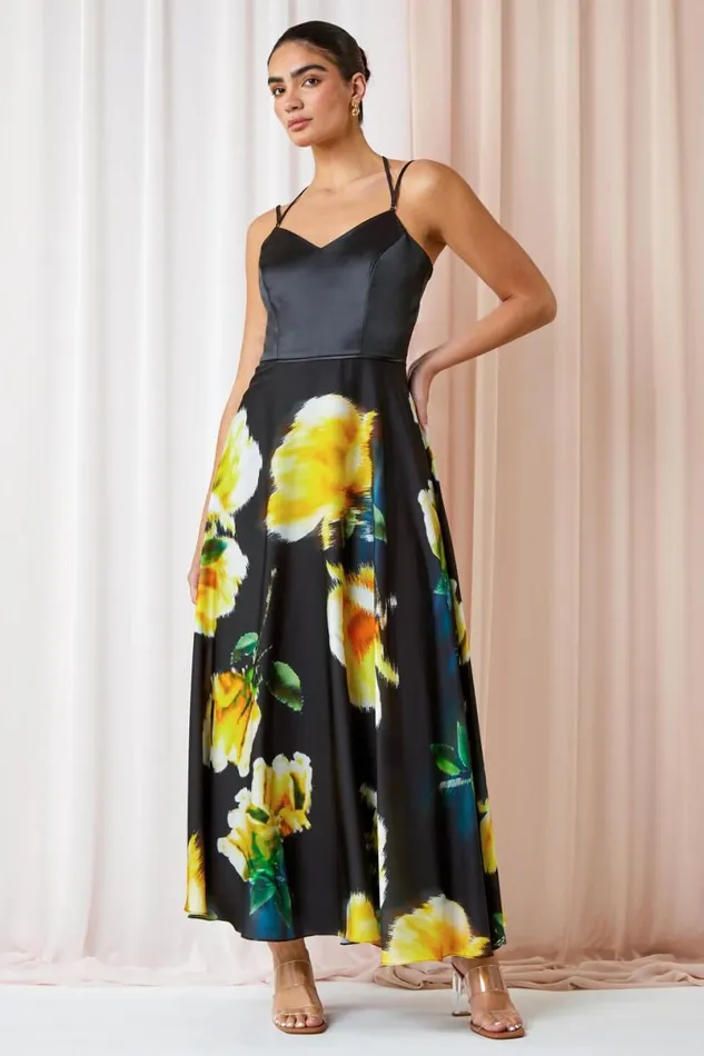 Black Luxe Floral Fit and Flare Maxi Dress Women Roman Dresses