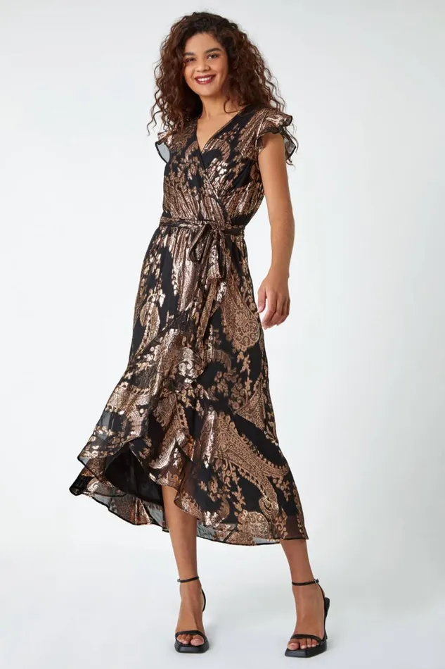 Black Metallic Paisley Print Midi Wrap Dress Women Roman Dresses