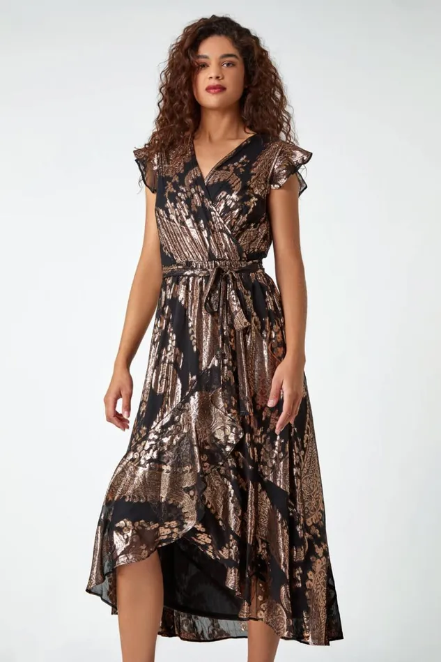 Black Metallic Paisley Print Midi Wrap Dress Women Roman Dresses