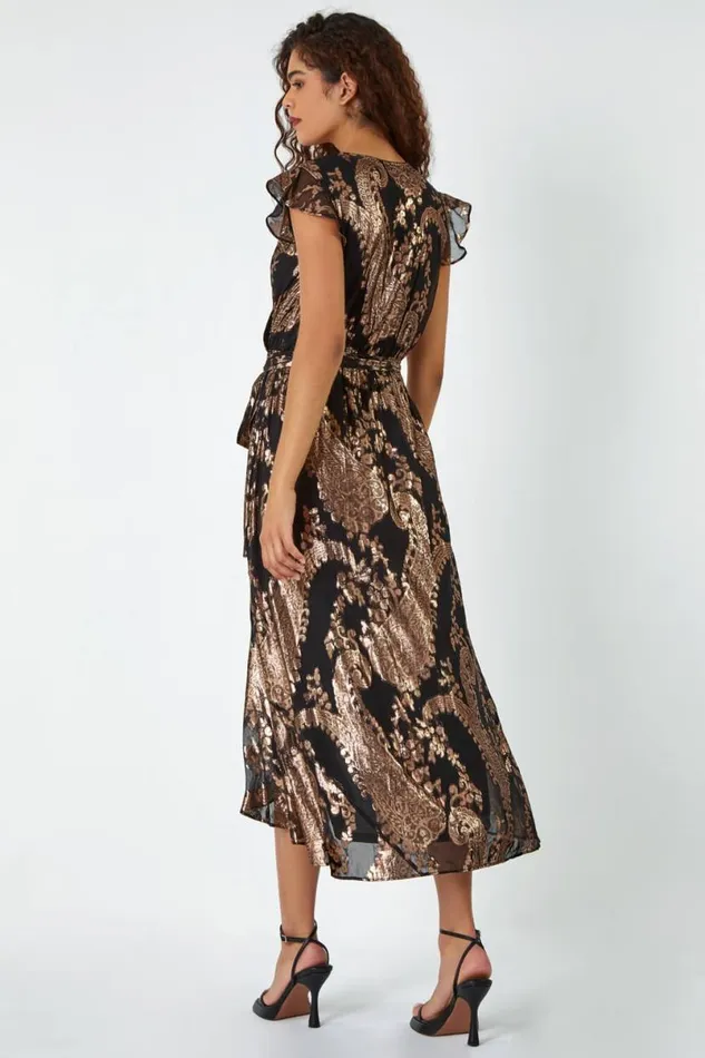 Black Metallic Paisley Print Midi Wrap Dress Women Roman Dresses
