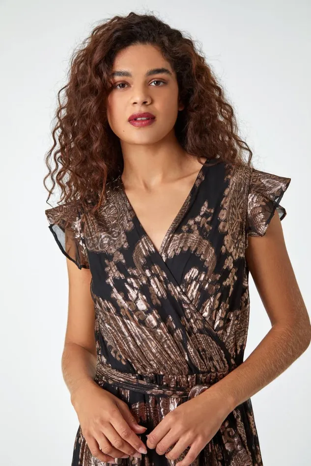 Black Metallic Paisley Print Midi Wrap Dress Women Roman Dresses