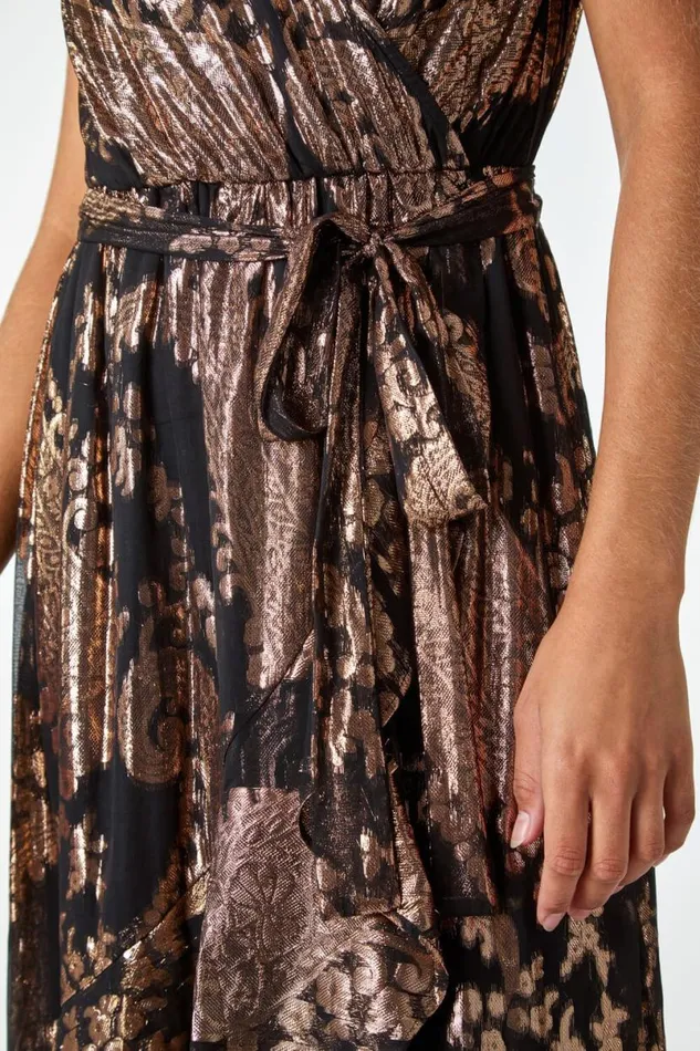 Black Metallic Paisley Print Midi Wrap Dress Women Roman Dresses