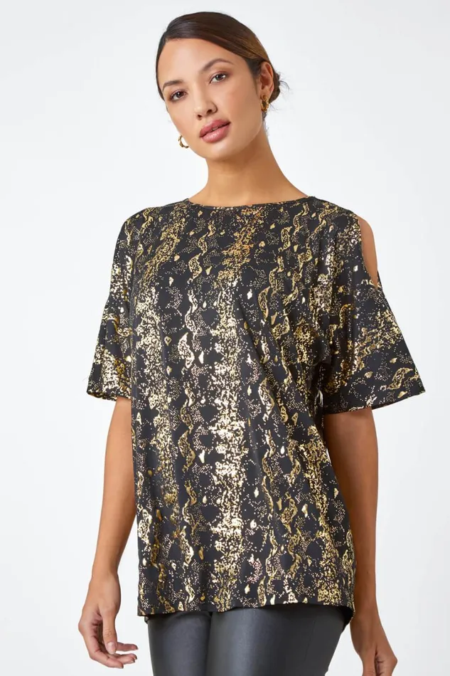 Black Metallic Print Cold Shoulder Stretch Top Women Roman Tops