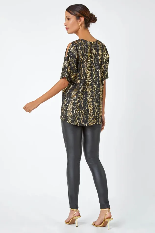 Black Metallic Print Cold Shoulder Stretch Top Women Roman Tops