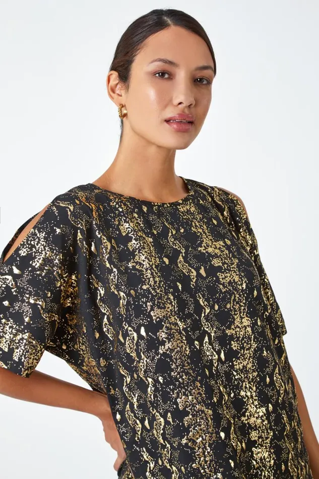 Black Metallic Print Cold Shoulder Stretch Top Women Roman Tops
