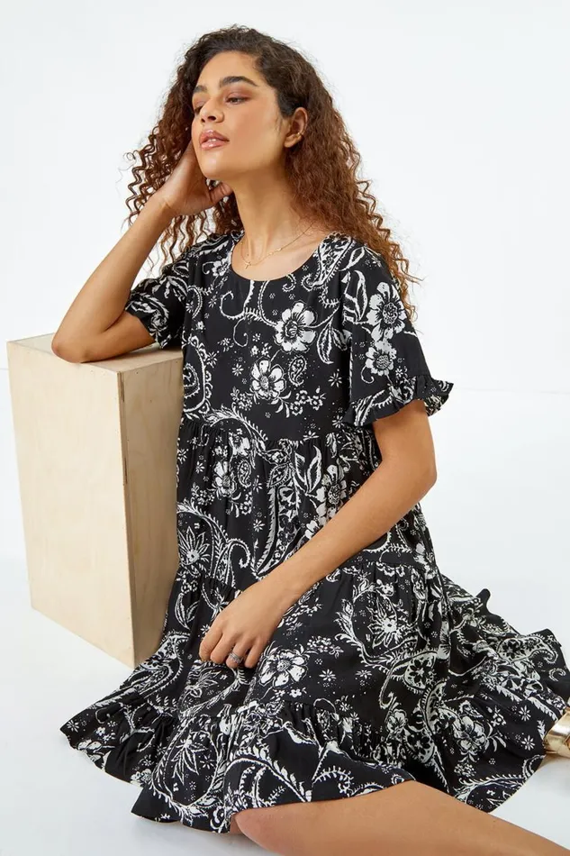 Black Paisley Floral Tiered Smock Dress Women Roman Dresses