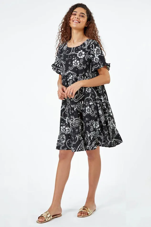 Black Paisley Floral Tiered Smock Dress Women Roman Dresses