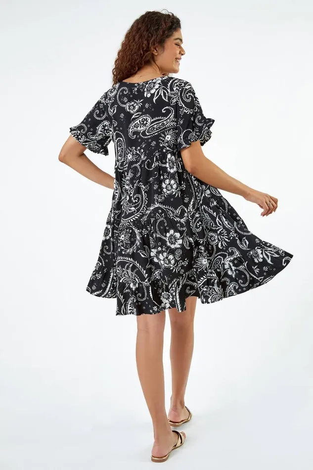 Black Paisley Floral Tiered Smock Dress Women Roman Dresses
