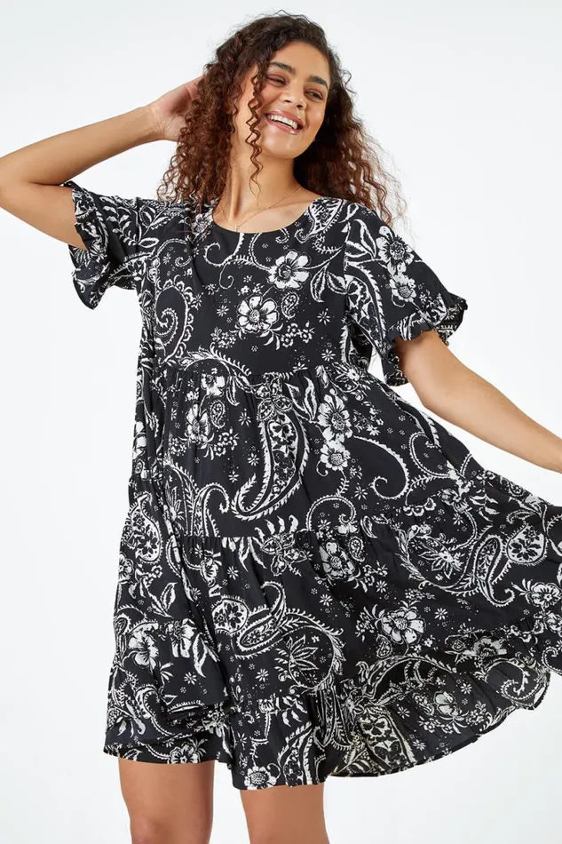 Black Paisley Floral Tiered Smock Dress Women Roman Dresses