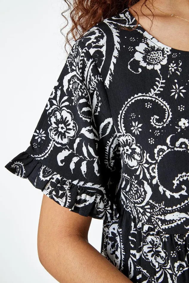 Black Paisley Floral Tiered Smock Dress Women Roman Dresses