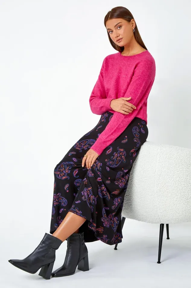 Black Paisley Print Midi Elastic Waist Skirt Women Roman Skirts