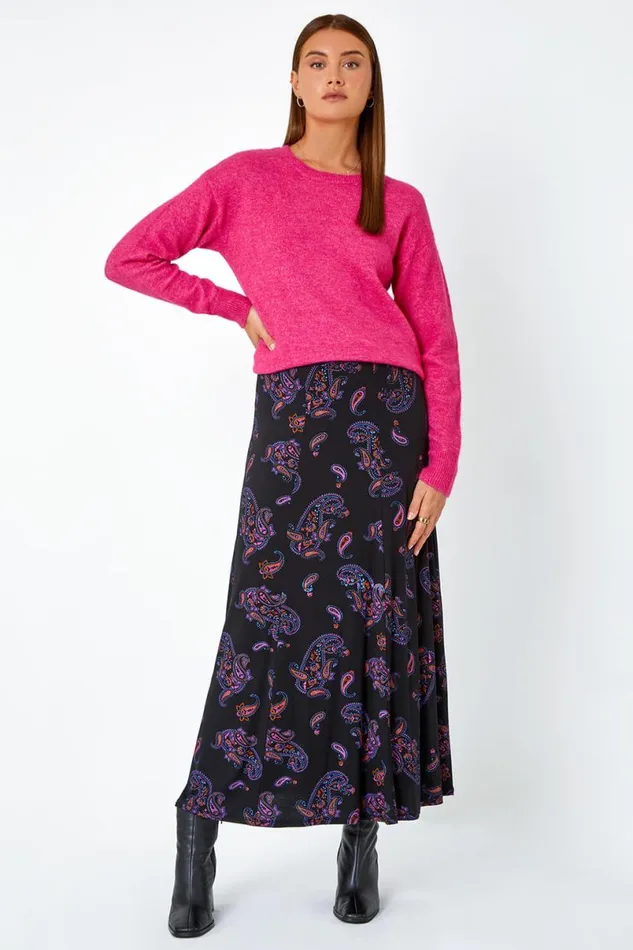 Black Paisley Print Midi Elastic Waist Skirt Women Roman Skirts