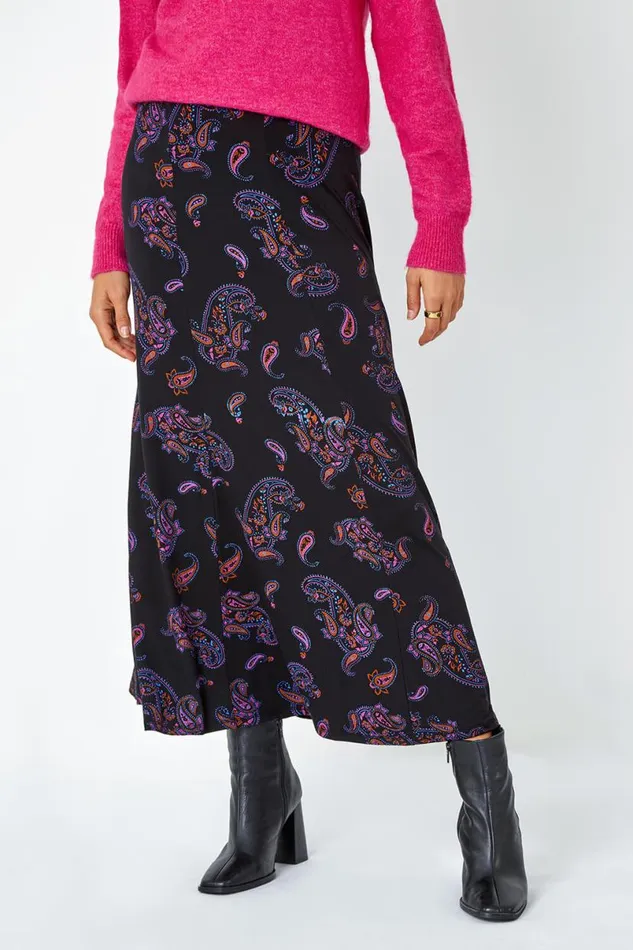 Black Paisley Print Midi Elastic Waist Skirt Women Roman Skirts