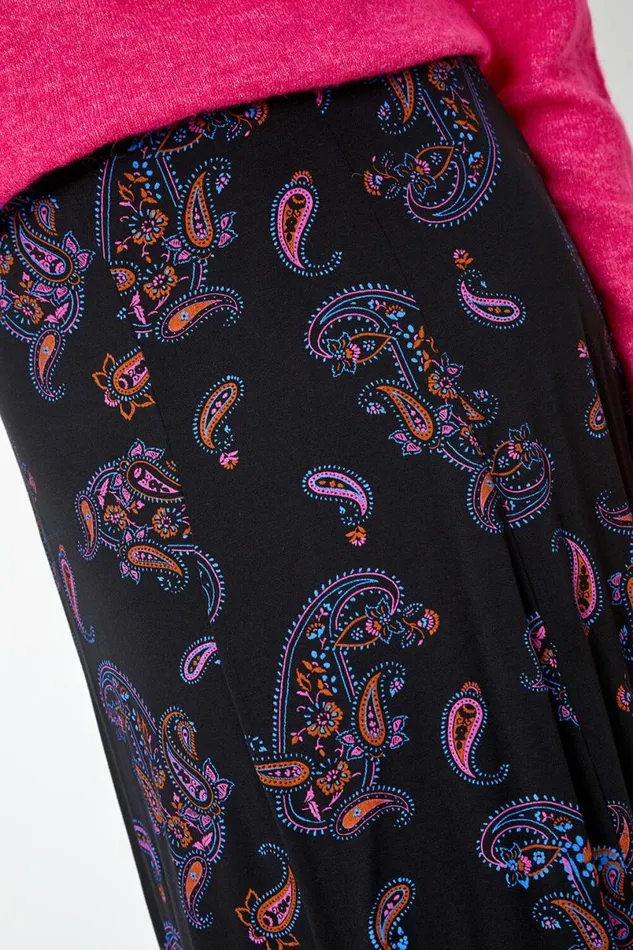 Black Paisley Print Midi Elastic Waist Skirt Women Roman Skirts