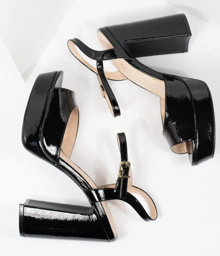 Black Patent Leatherette Peep Toe Platforms Shoes Unique Vintage Heels