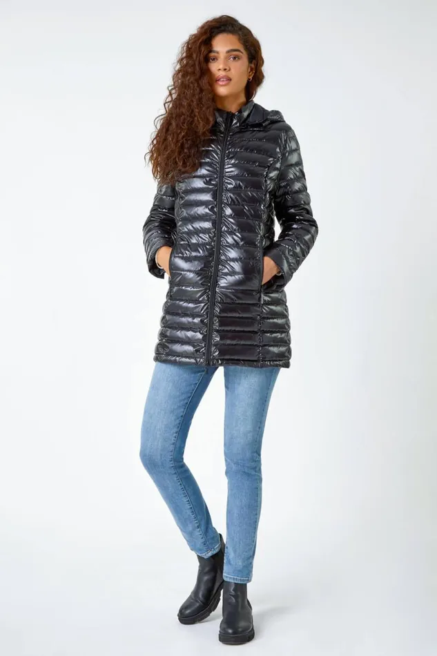 Black Patent Lightweight Hooded Coat Women Roman Coats