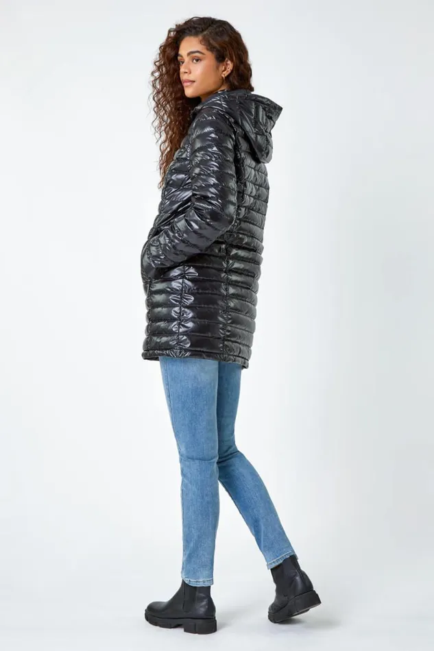 Black Patent Lightweight Hooded Coat Women Roman Coats