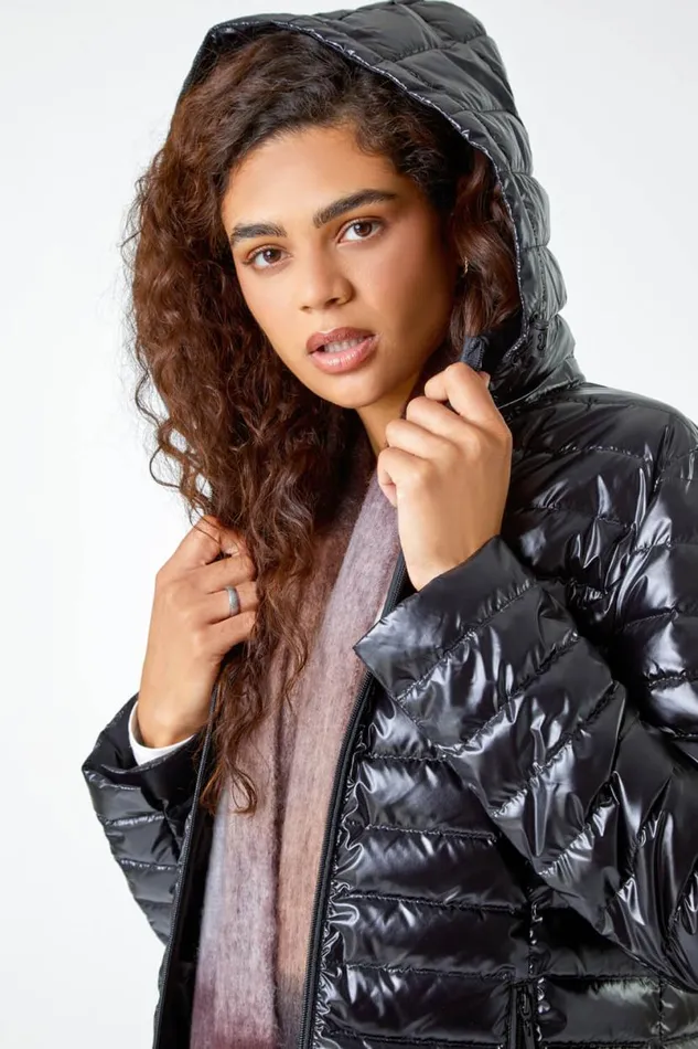 Black Patent Lightweight Hooded Coat Women Roman Coats